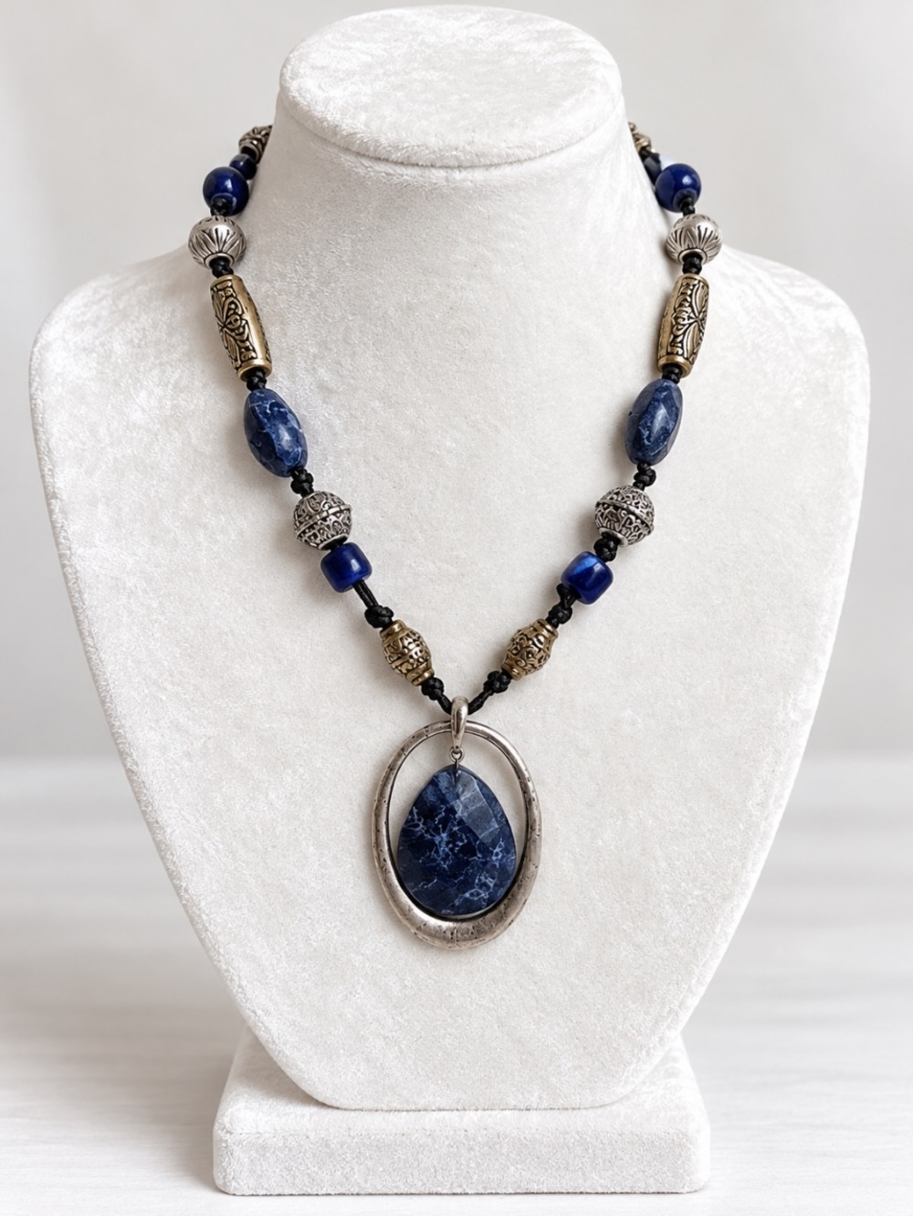 CHICO’s Boho Blue Stone Pendant Necklace with Silver & Gold Accents